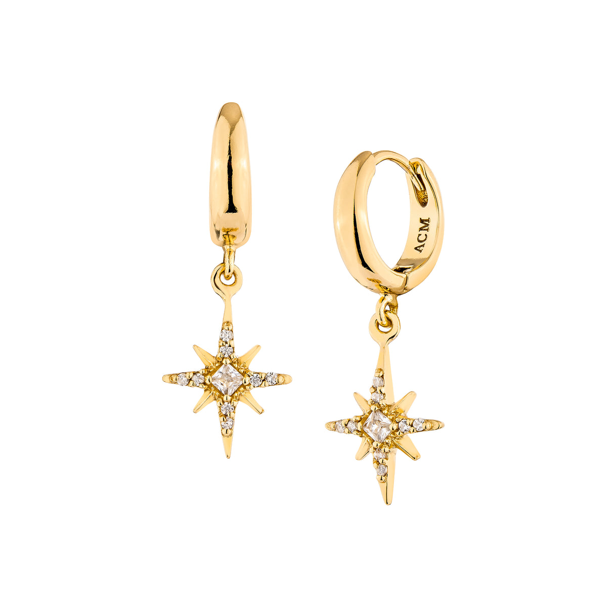 White Zircon 8 Fortune Star Hoop — spinning star hoop earrings in 18K gold-plated silver by A.CEMI